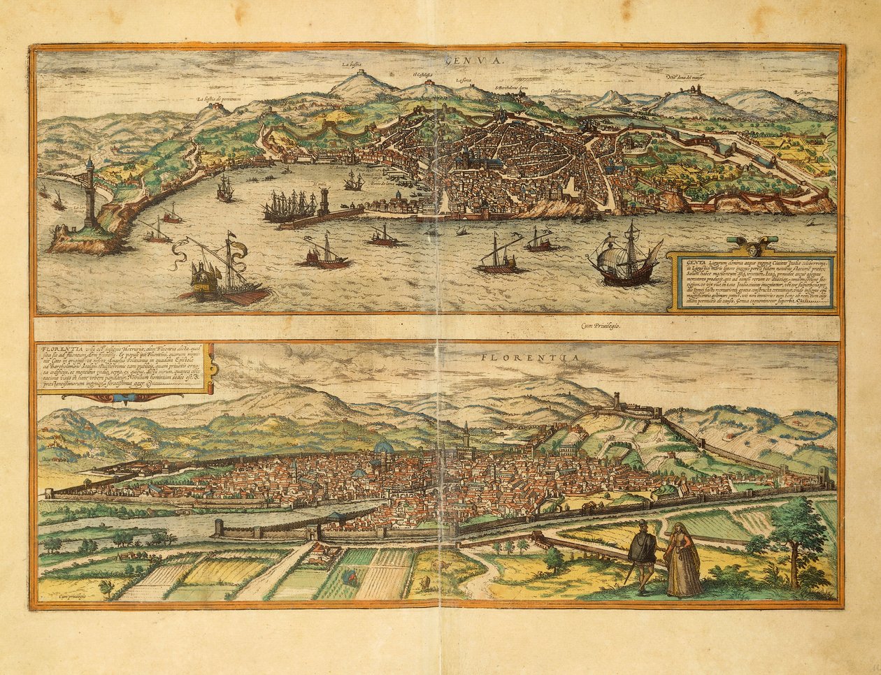 Kort over Genova og Firenze fra Cities of the World af Georg Braun af Georg Braun and Hogenberg Franz