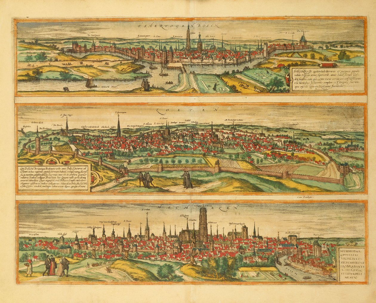 Kort over Hertogenbosch, Leuven og Mechelen fra Civitates Orbis Terrarum af Georg Braun af Georg Braun and Hogenberg Franz