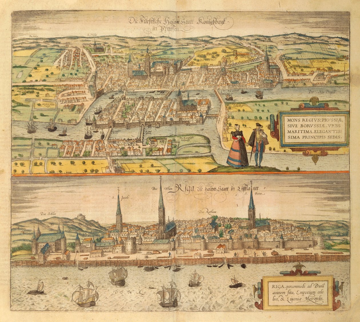 Kort over Konigsberg og Riga fra USA af Georg Braun af Georg Braun and Hogenberg Franz