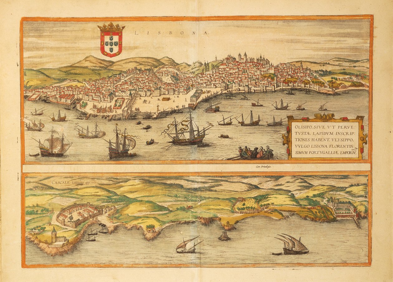 Kort over Lissabon og Cascais fra USA af Georg Braun af Georg Braun and Hogenberg Franz