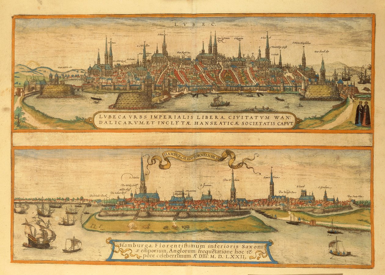 Kort over Lubeck og Hamborg fra Verdensbyer af Georg Braun af Georg Braun and Hogenberg Franz