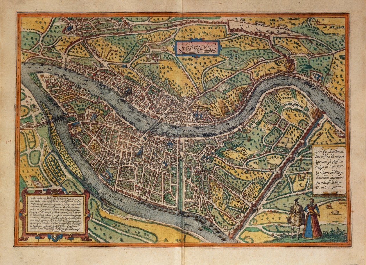Kort over Lyon, Frankrig, fra World Cities af Georg Braun af Georg Braun and Hogenberg Franz