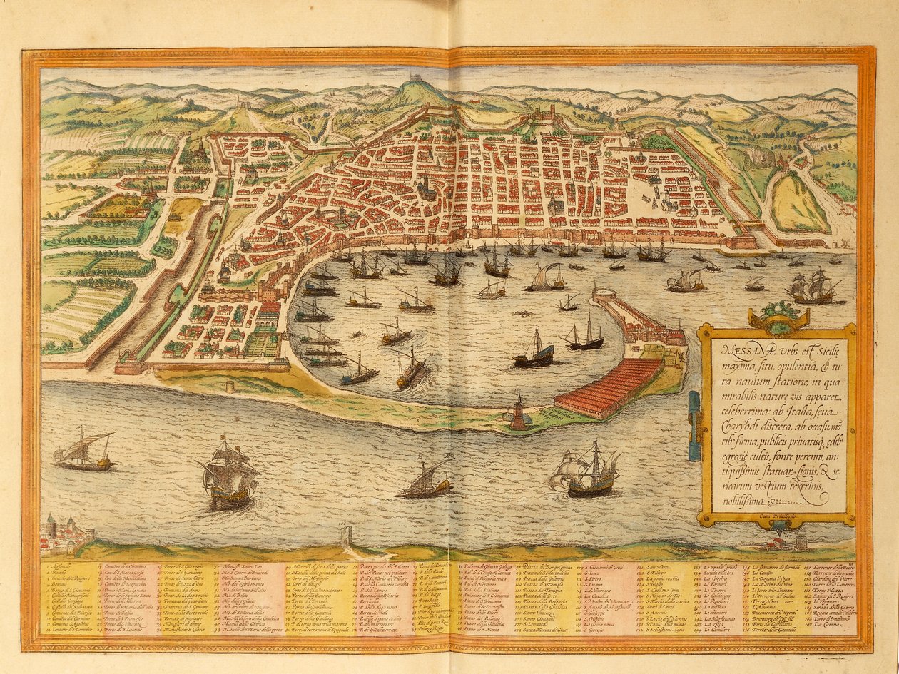 Kort over Messina fra verdenskort af Georg Braun af Georg Braun and Hogenberg Franz