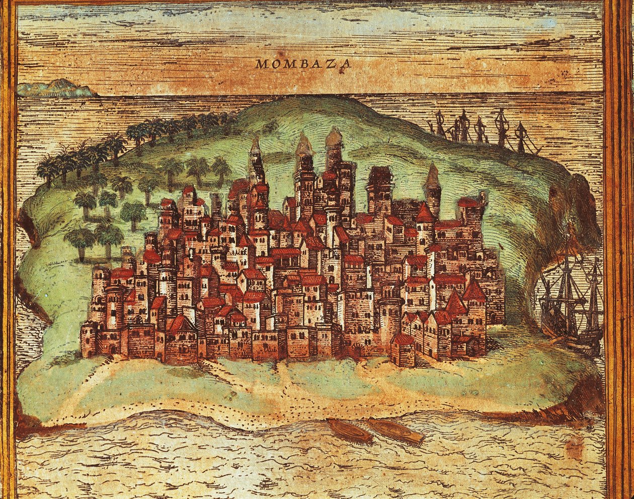 Kort over Mombasa, Kenya, gravering af Georg Braun og Franz Hogenberg af Georg Braun and Hogenberg Franz