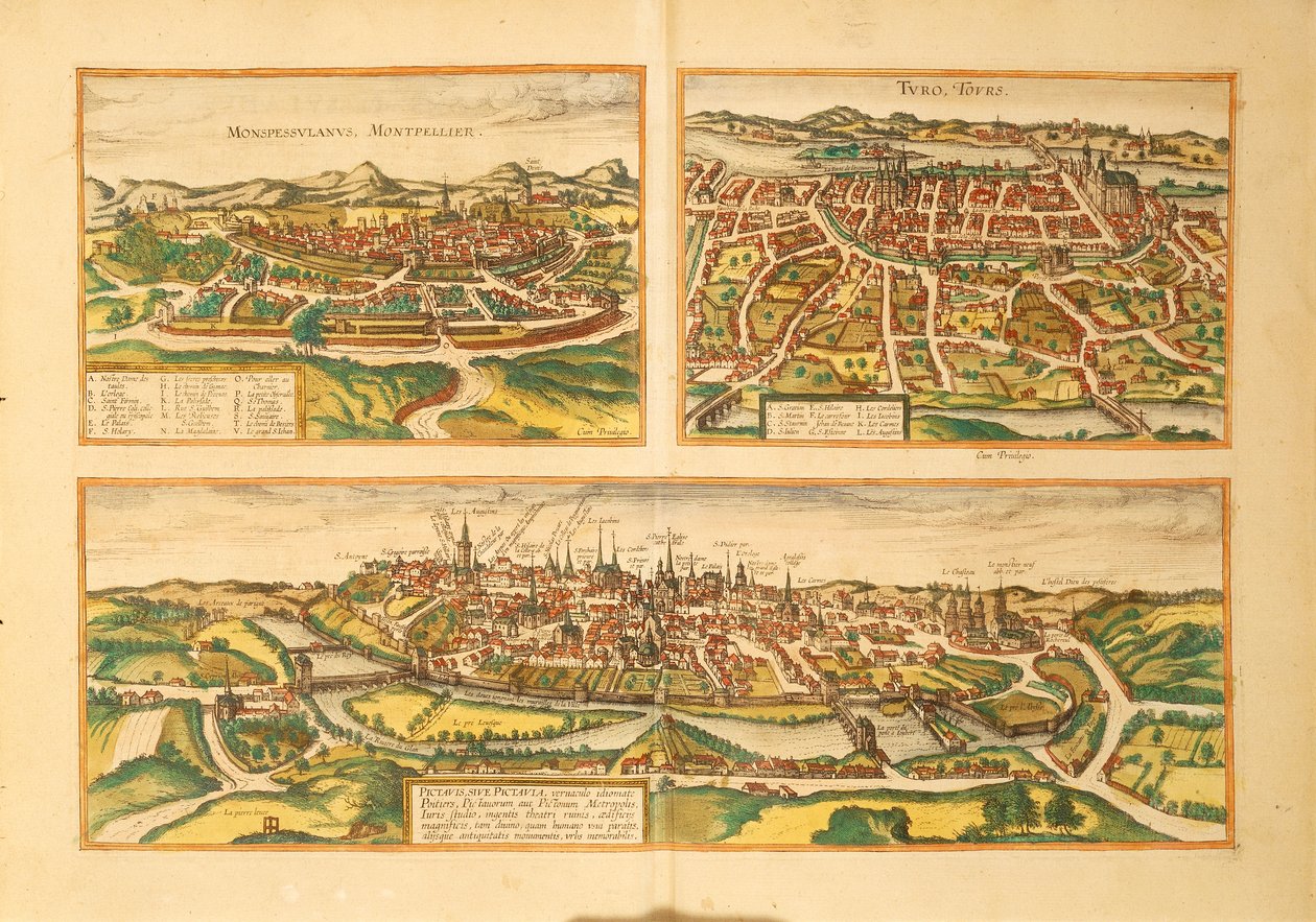 Kort over Montpellier, Tours og Poitiers fra Civitates Orbis Terrarum af Georg Braun af Georg Braun and Hogenberg Franz