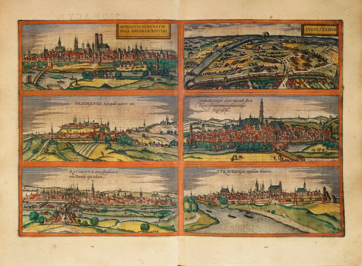 Kort over München, Ingolstadt, Freising, Nordlingen, Regensburg og Straubing, Tyskland, fra Civitates Orbis Terrarum af Georg Braun af Georg Braun and Hogenberg Franz