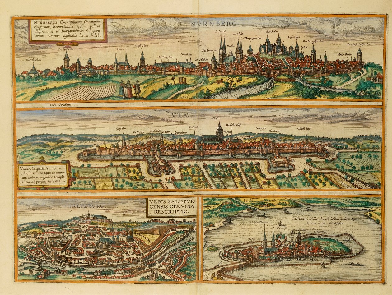 Kort over Nürnberg, Ulm, Salzburg og Lindau fra Civitates Orbis Terrarum af Georg Braun af Georg Braun and Hogenberg Franz