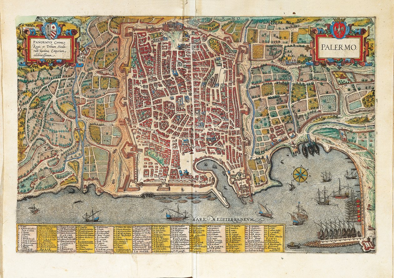 Kort over Palermo fra verdenskort af Georg Braun af Georg Braun and Hogenberg Franz