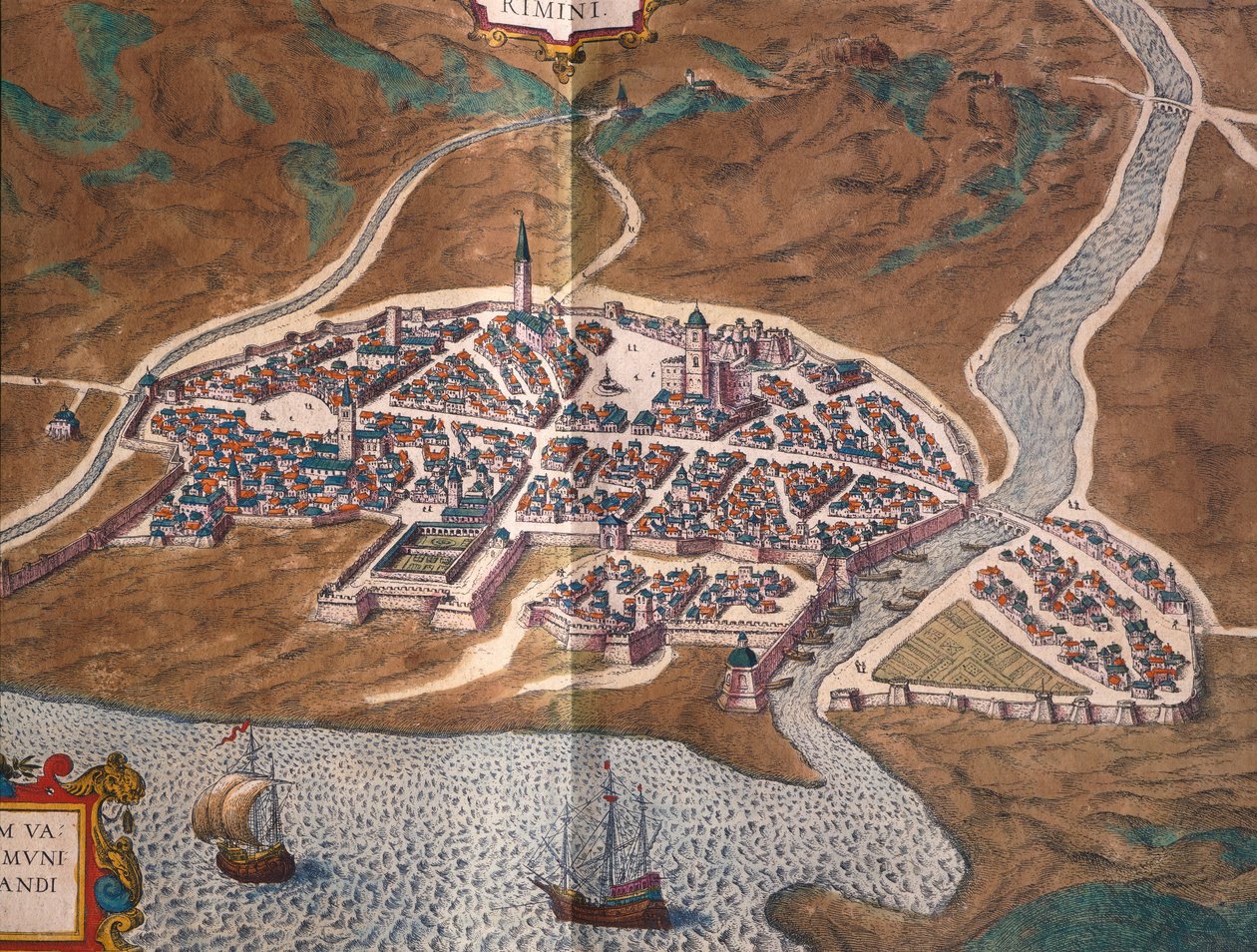 Kort over Rimini, af Georg Braun og Franz Hogenberg, farvet gravering fra Civitates Orbis Terrarum, Italien af Georg Braun and Hogenberg Franz