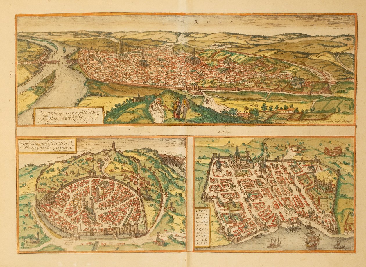 Kort over Rouen, Nimes og Bordeaux fra Anden Verdenskrig af Georg Braun af Georg Braun and Hogenberg Franz