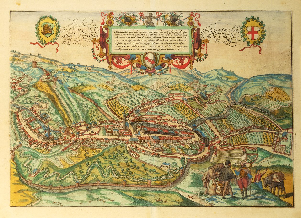 Kort over Serravalle Scrivia, Piemonte-regionen fra verdensbyer af Georg Braun af Georg Braun and Hogenberg Franz