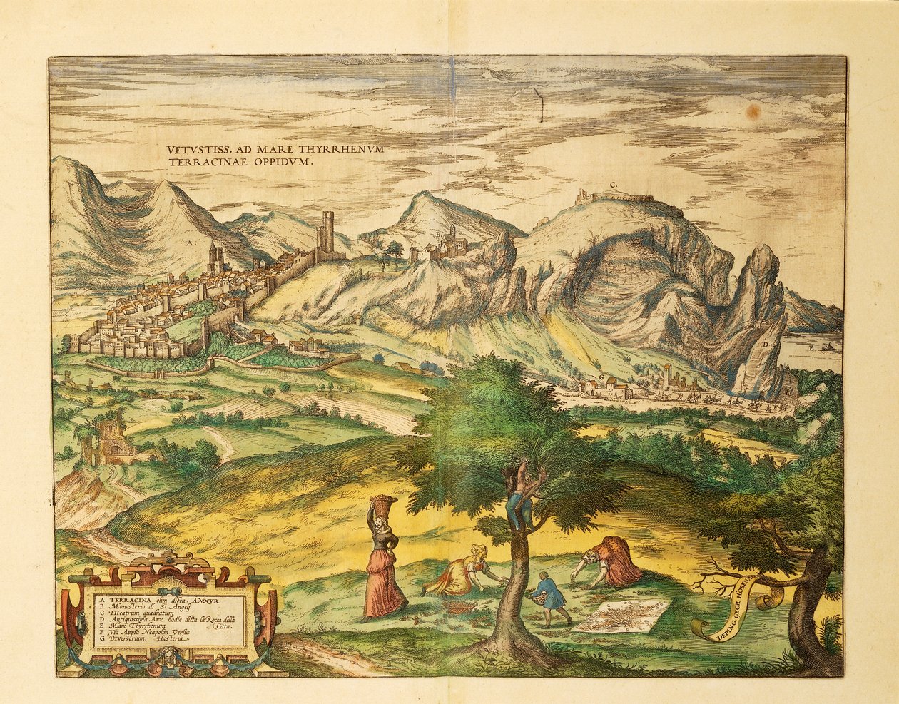 Kort over Terracina, Lazio-regionen fra verdenskort af Georg Braun af Georg Braun and Hogenberg Franz