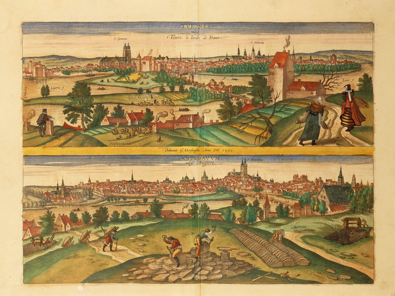 Kort over Tours and Angers fra verdensbyer af Georg Braun af Georg Braun and Hogenberg Franz