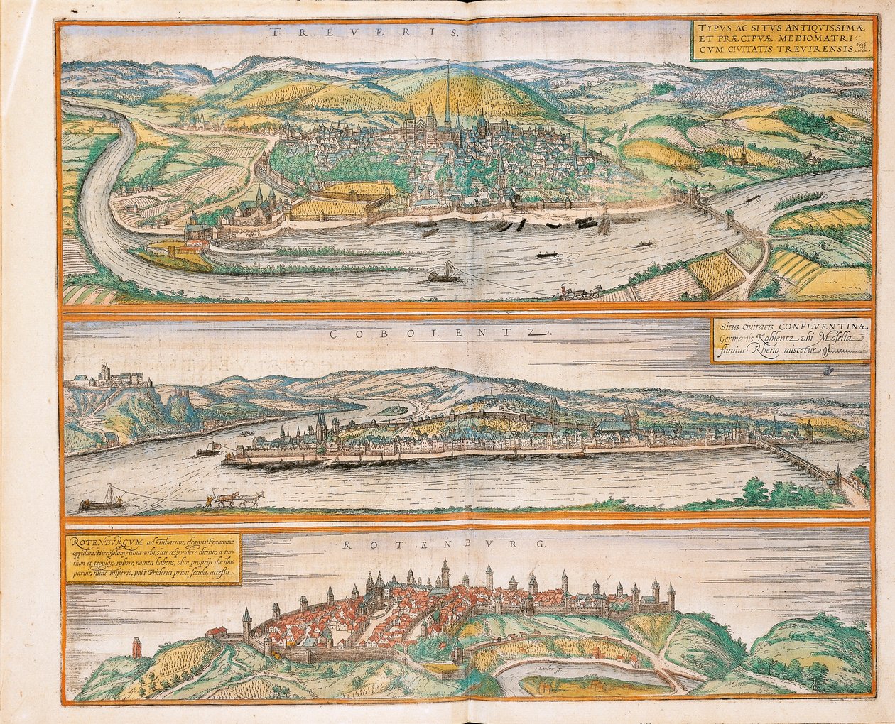 Kort over Trier, Koblenz og Rothenburg fra Civitates Orbis Terrarum af Georg Braun af Georg Braun and Hogenberg Franz