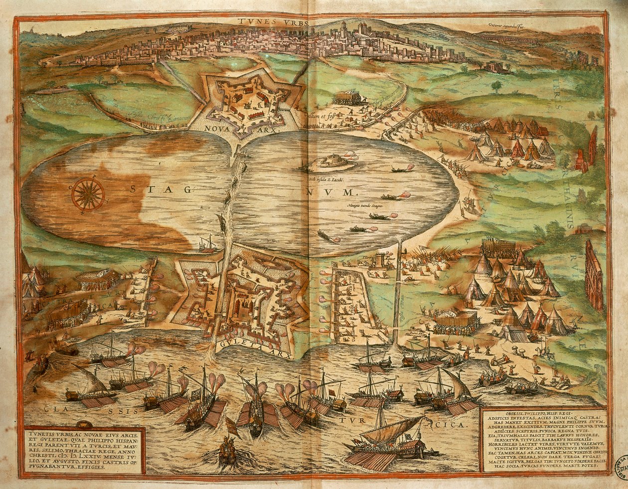 Kort over Tunis, Tunesien, fra Verdens By af Georg Braun og Franz Hogenberg, gravering af Georg Braun and Hogenberg Franz