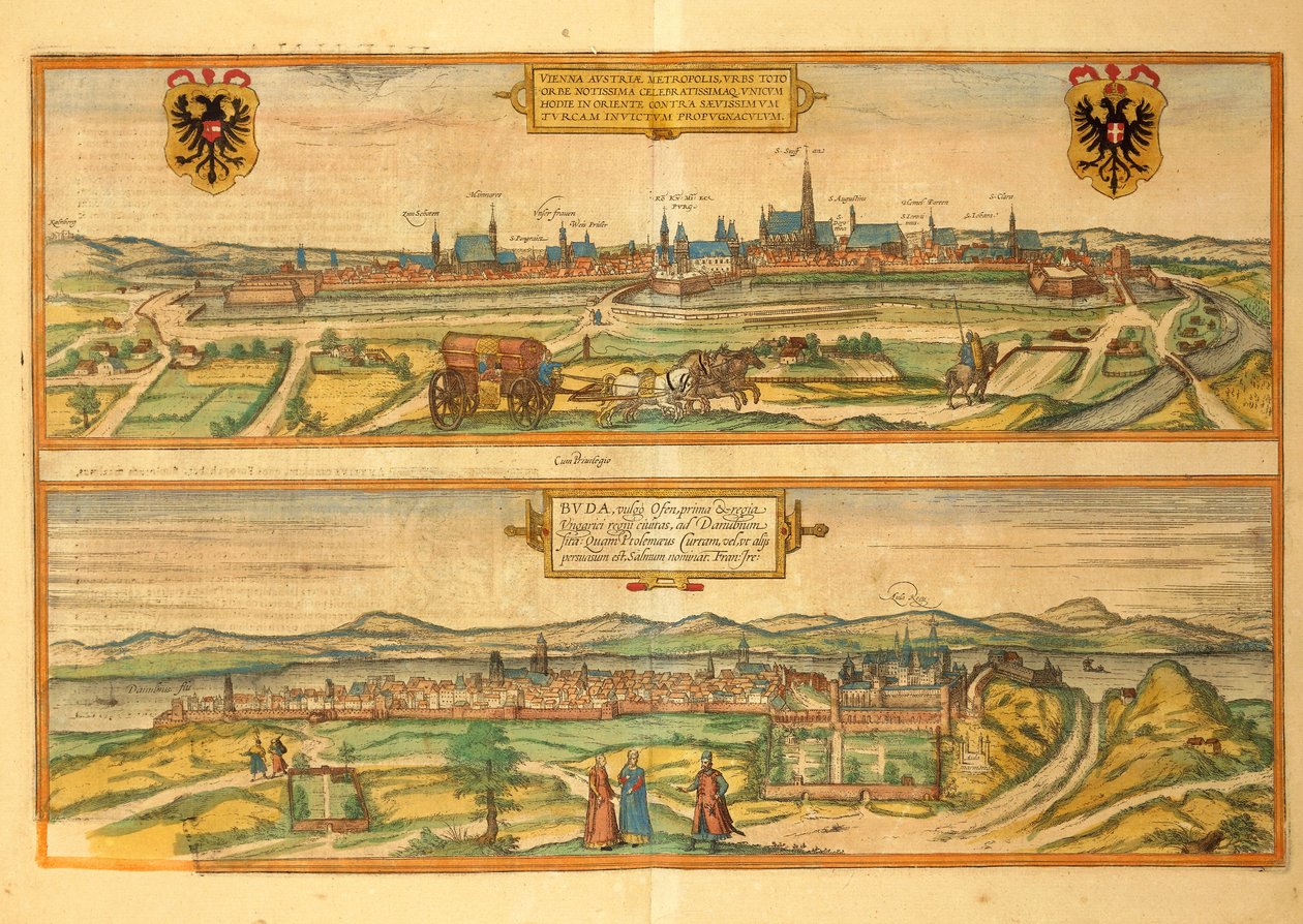 Kort over Wien og Buda fra Cities of the World af Georg Braun af Georg Braun and Hogenberg Franz
