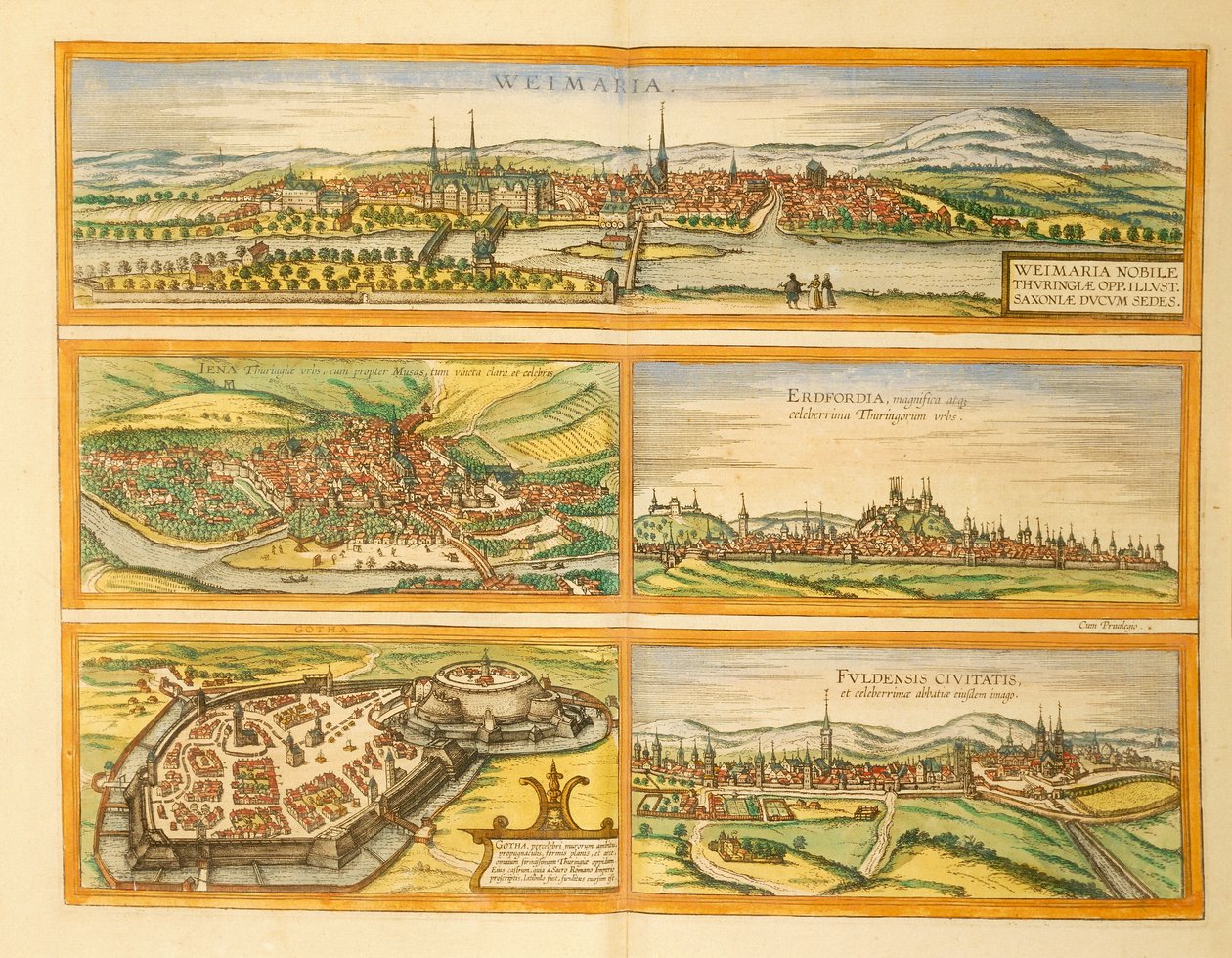 Kort over Weimar, Jena, Erfurt, Gotha og Fulda fra Cities of the World af Georg Braun af Georg Braun and Hogenberg Franz