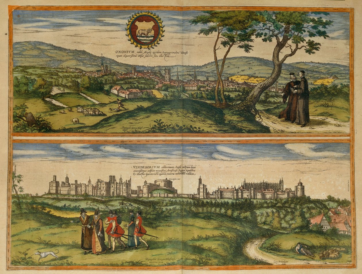 Kort over Windsor og Oxford fra verdenskort af Georg Braun af Georg Braun and Hogenberg Franz