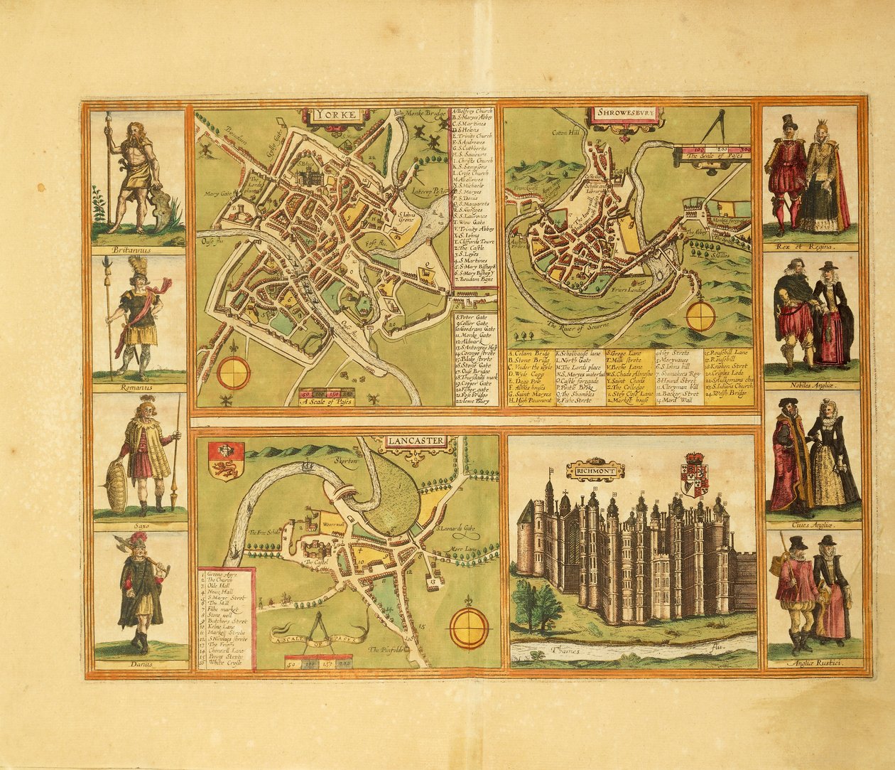 Kort over York, Shrewbury, Lancaster og Richmond Castle fra Civitates Orbis Terrarum af George Braun af Georg Braun and Hogenberg Franz