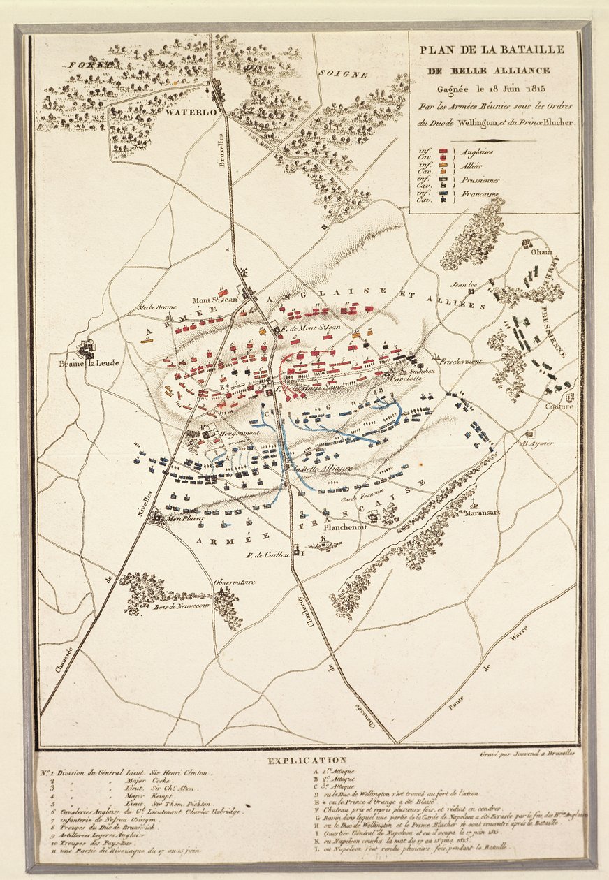 Kort over slaget ved Waterloo af Georg Braun and Hogenberg Franz