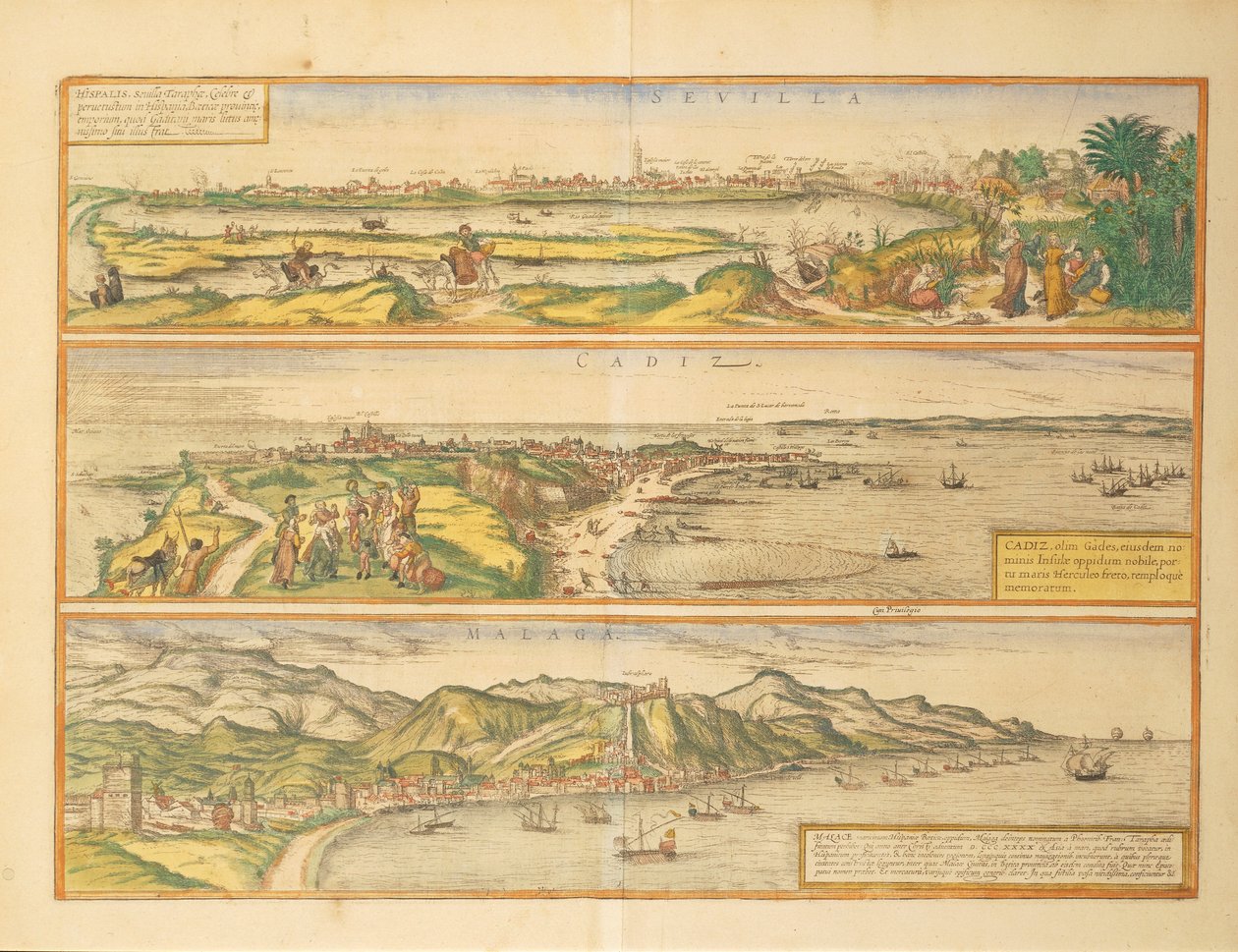Kort over Sevilla, Cadiz og Malaga, Spanien fra Civitates Orbis Terrarum af Georg Braun af Georg Braun and Hogenberg Franz