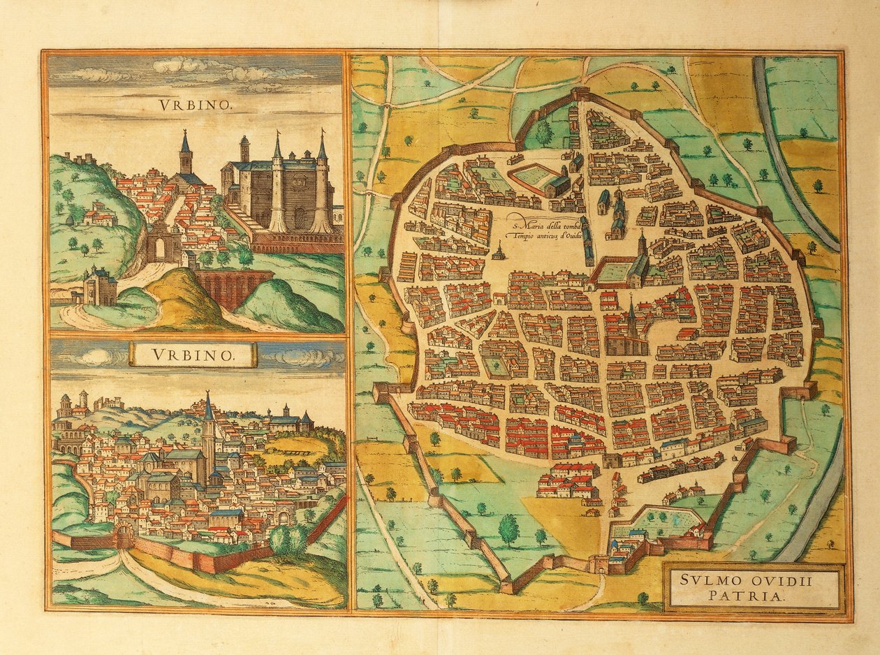 Kort over Urbino og Sulmona, Italien, fra Civitates Orbis Terrarum af Georg Braun af Georg Braun and Hogenberg Franz