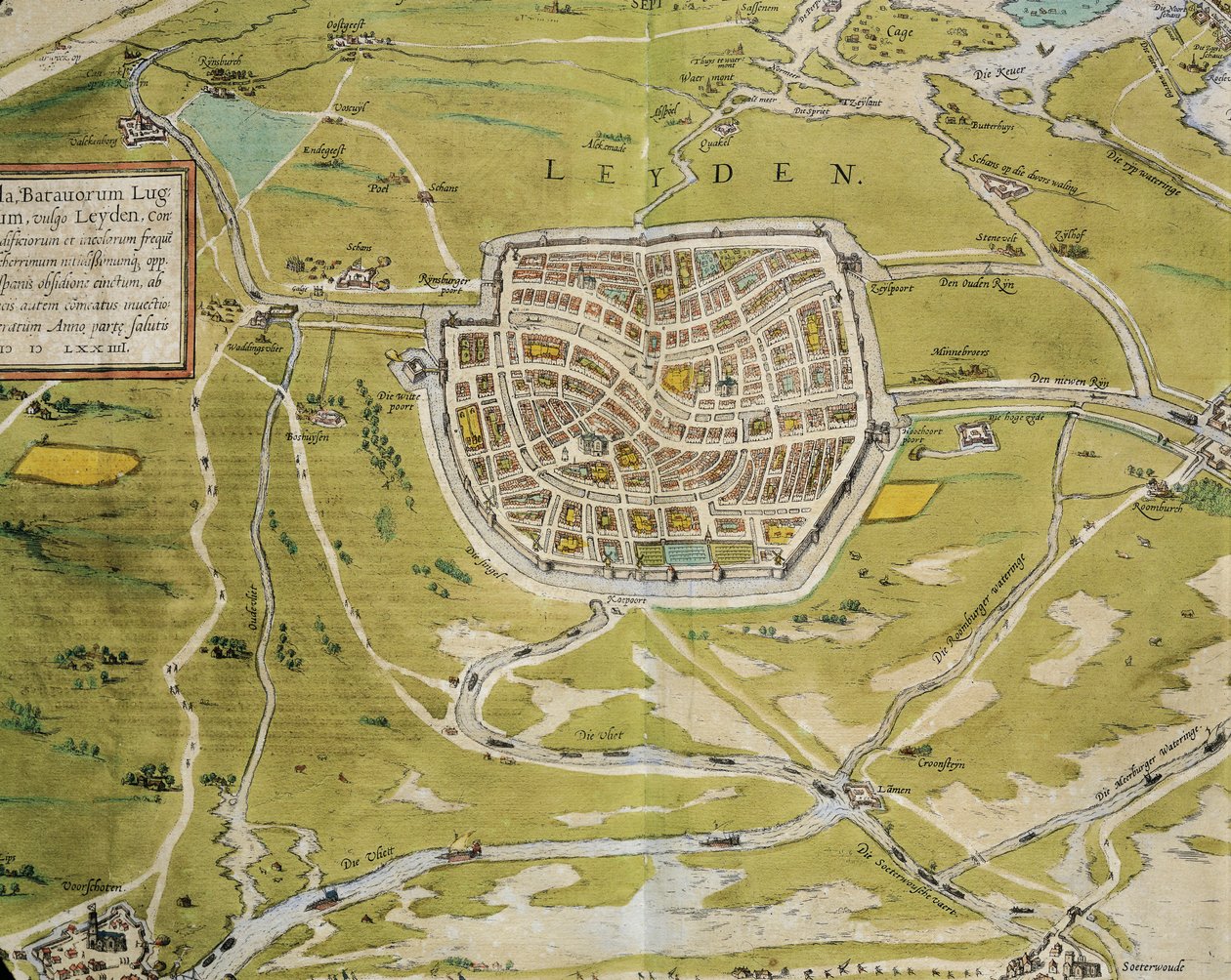 Holland, kort over Leiden by og region fra Civitates Orbis Terrarum af Georg Braun (1541-1622) og Franz Hogenberg (1540-1590), Köln, gravering af Georg Braun and Hogenberg Franz