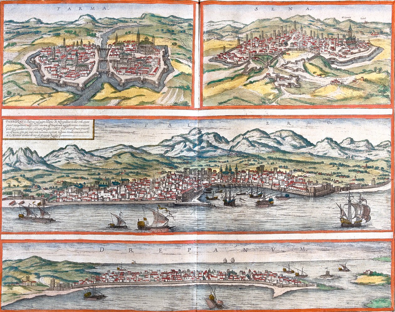 Parma, Siena, Palermo, Trapani, Italien af Georg and Hogenberg Franz (1535 90) Braun