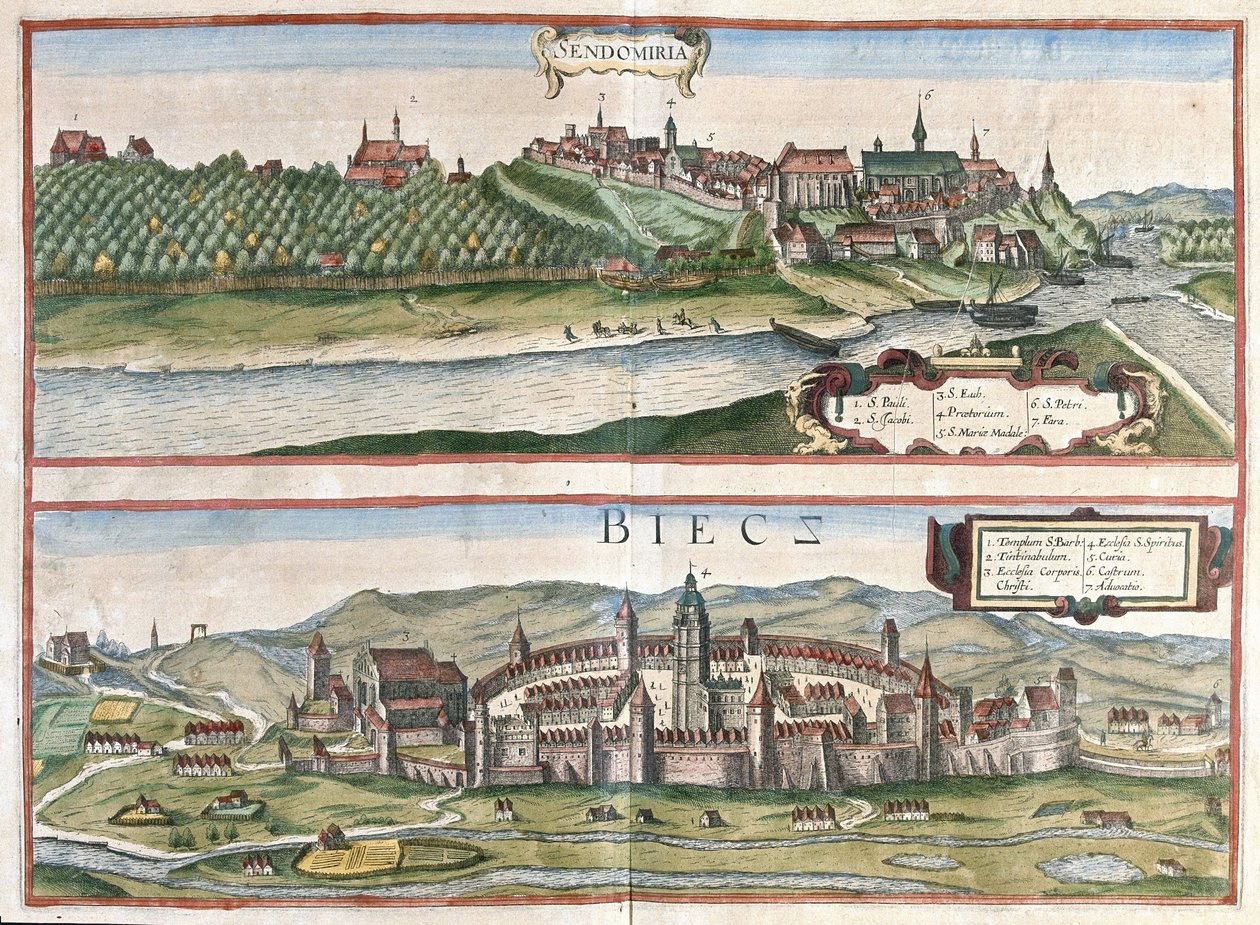 Sandomierz og Biecz, Polen (gravering af Georg Braun and Hogenberg Franz