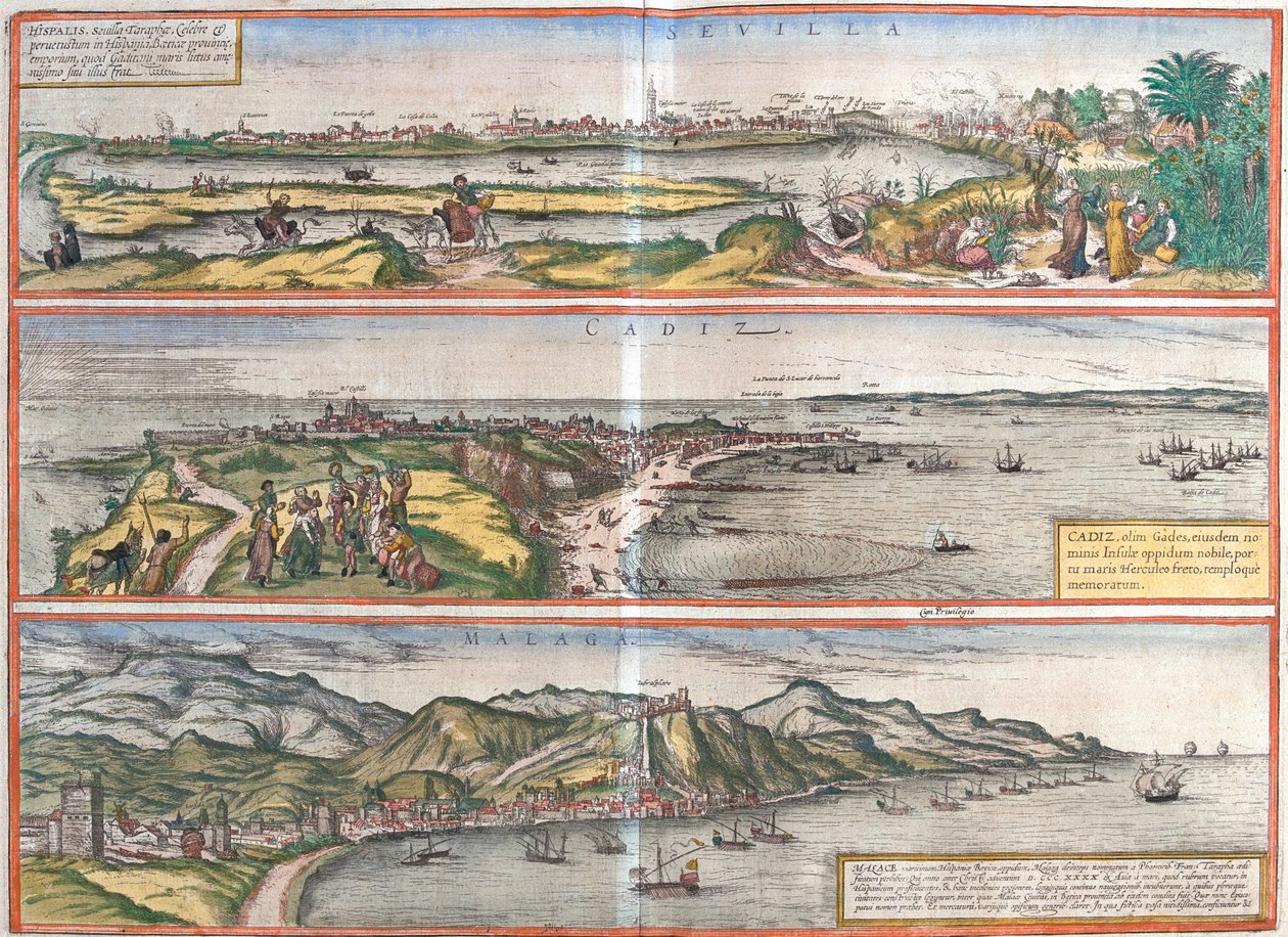 Sevilla, Cadiz, Málaga, Spanien af Georg and Hogenberg Franz (1535 90) Braun