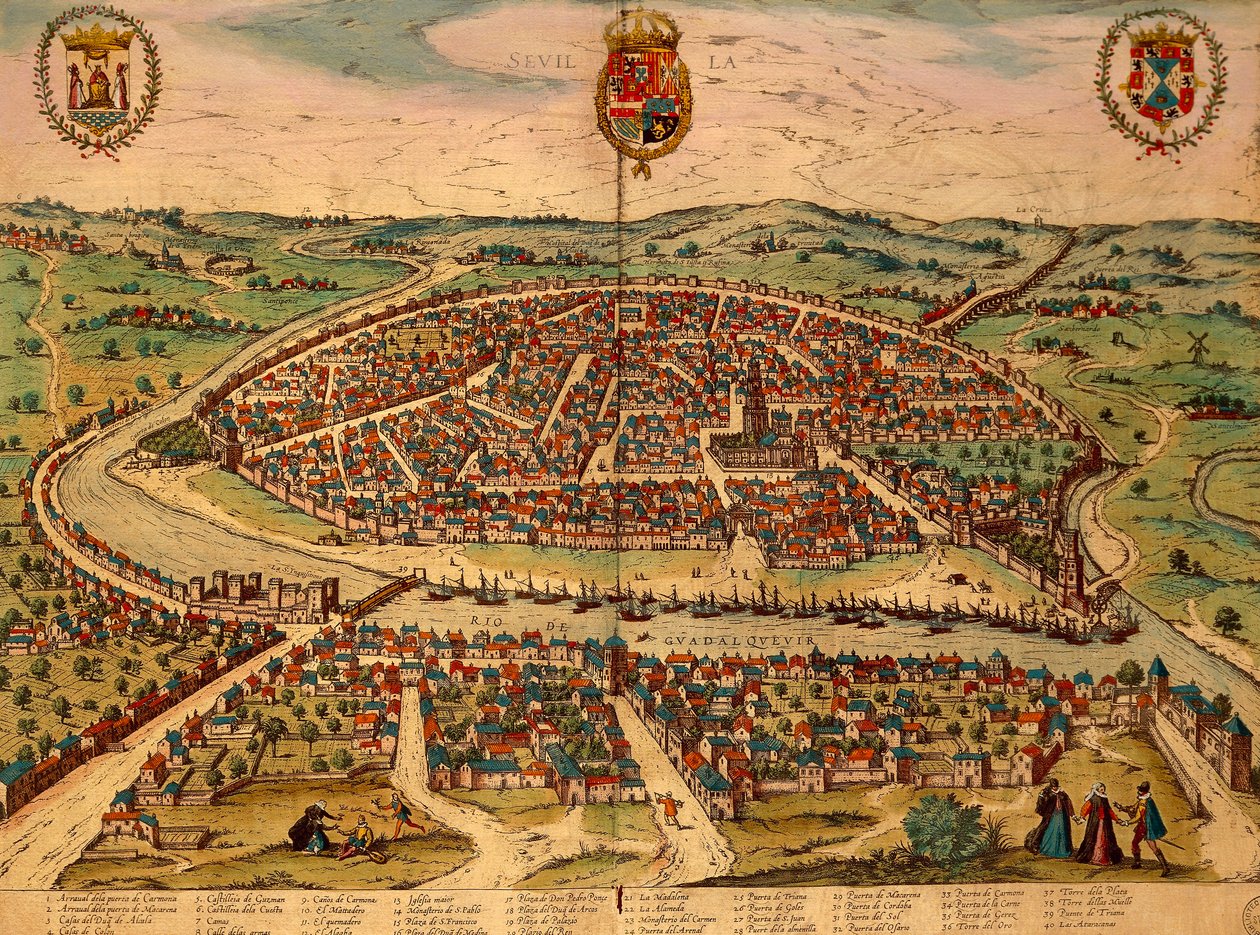 Spanien, Sevilla, Udsigt over byen, farvegravering fra Civitates Orbis Terrarum af Georg Braun (1541-1622) og Franz Hogenberg (1535-1590) af Georg Braun and Hogenberg Franz