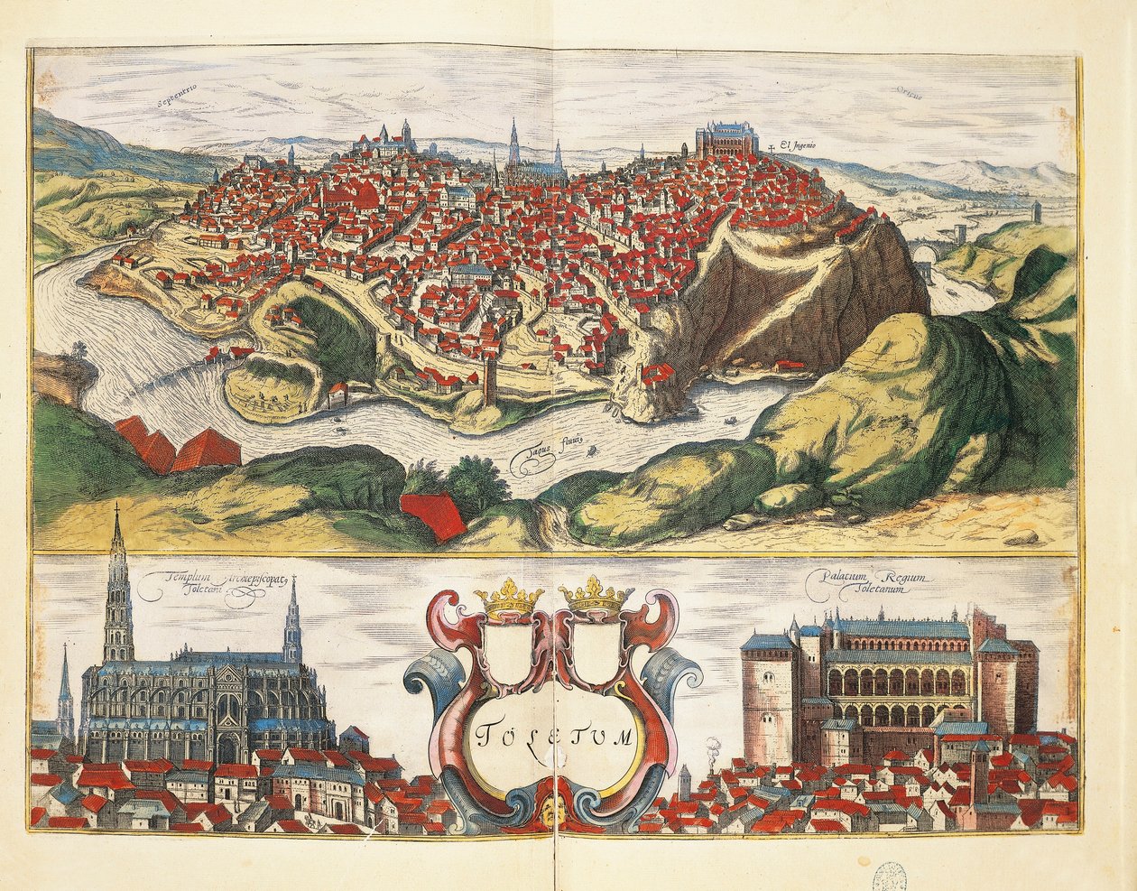 Spanien, Toledo, byen Toledo fra Civitates Orbis Terrarum af Georg Braun og Franz Hogenberg, gravering af Georg Braun and Hogenberg Franz