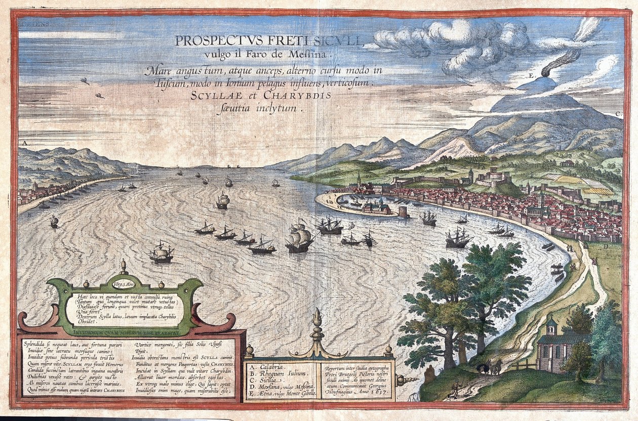 Detroit af Messina, mellem Sicilien og Calabrien (Italien) (gravering af Georg Braun and Hogenberg Franz