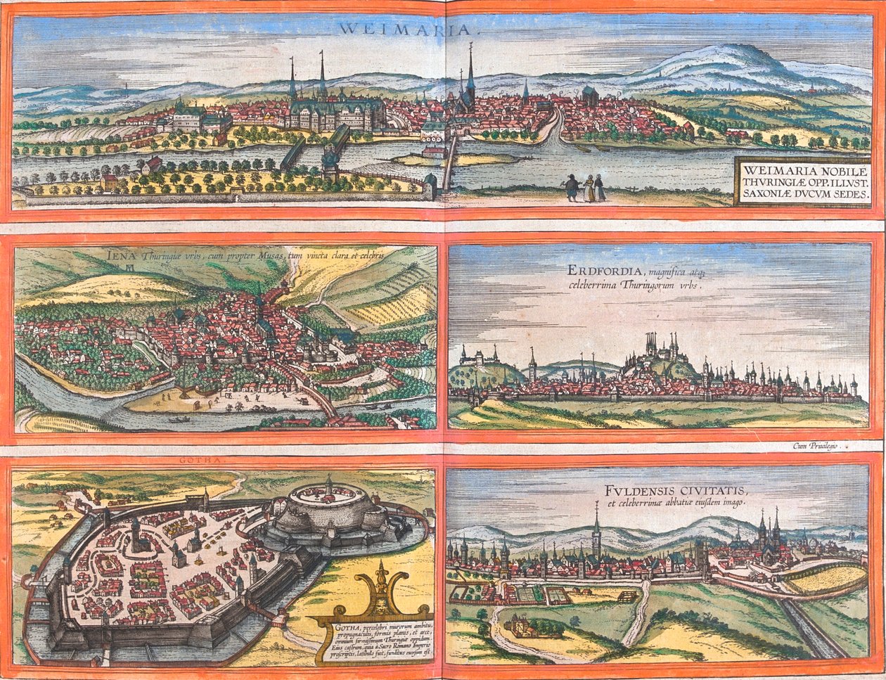 Weimar, Jena, Erfurt, Gotha, Fulda, Tyskland af Georg and Hogenberg Franz (1535 90) Braun