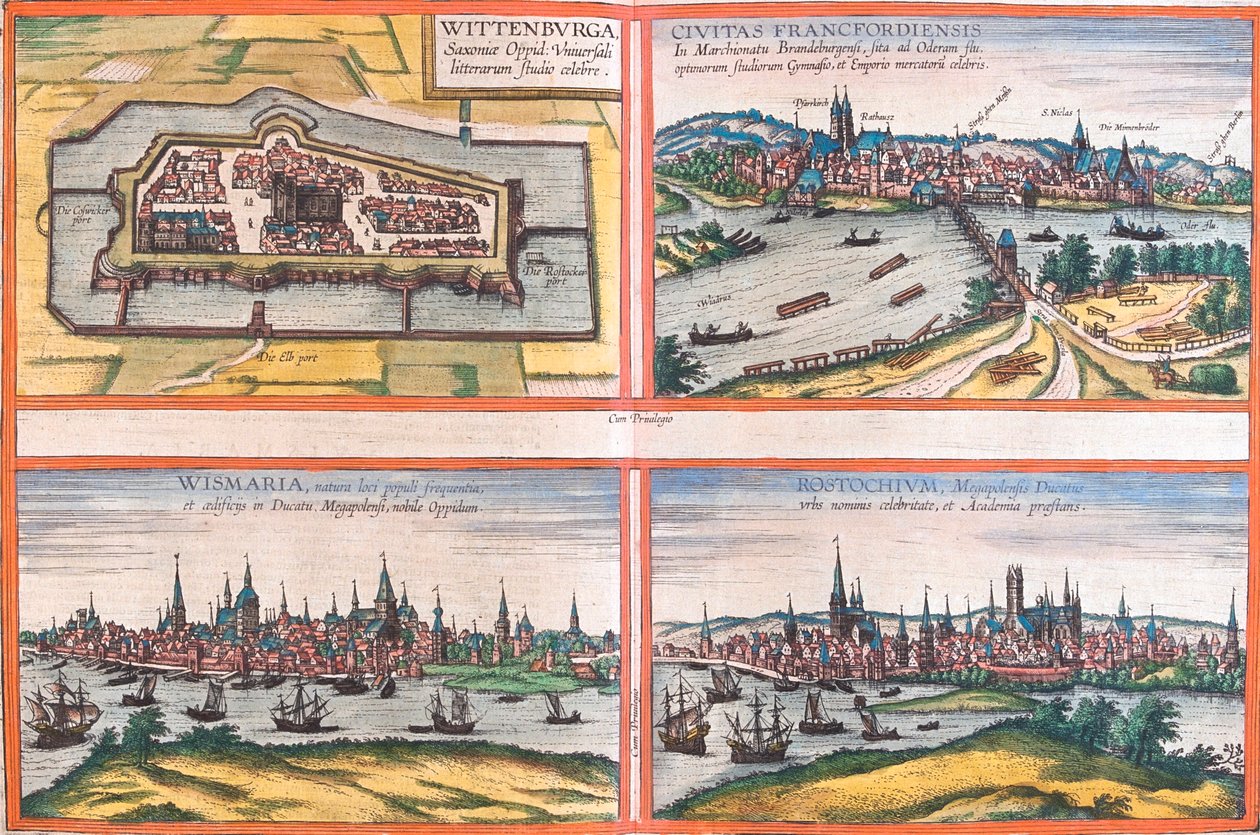 Wittenberg, Frankfurt, Wismar, Rostock, Tyskland af Georg and Hogenberg Franz (1535 90) Braun