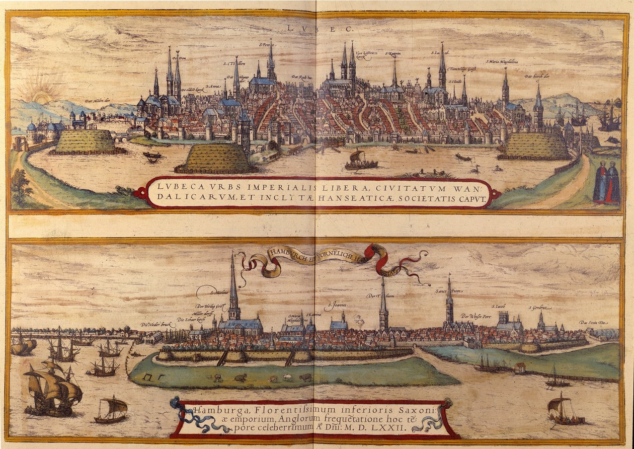 Fra toppen af byen Lubeck, under byen Hamborg i Tyskland. Indgravering fra Atlas af "Braun og Hogenberg" 1572 af Georg Braun and Hogenberg Franz