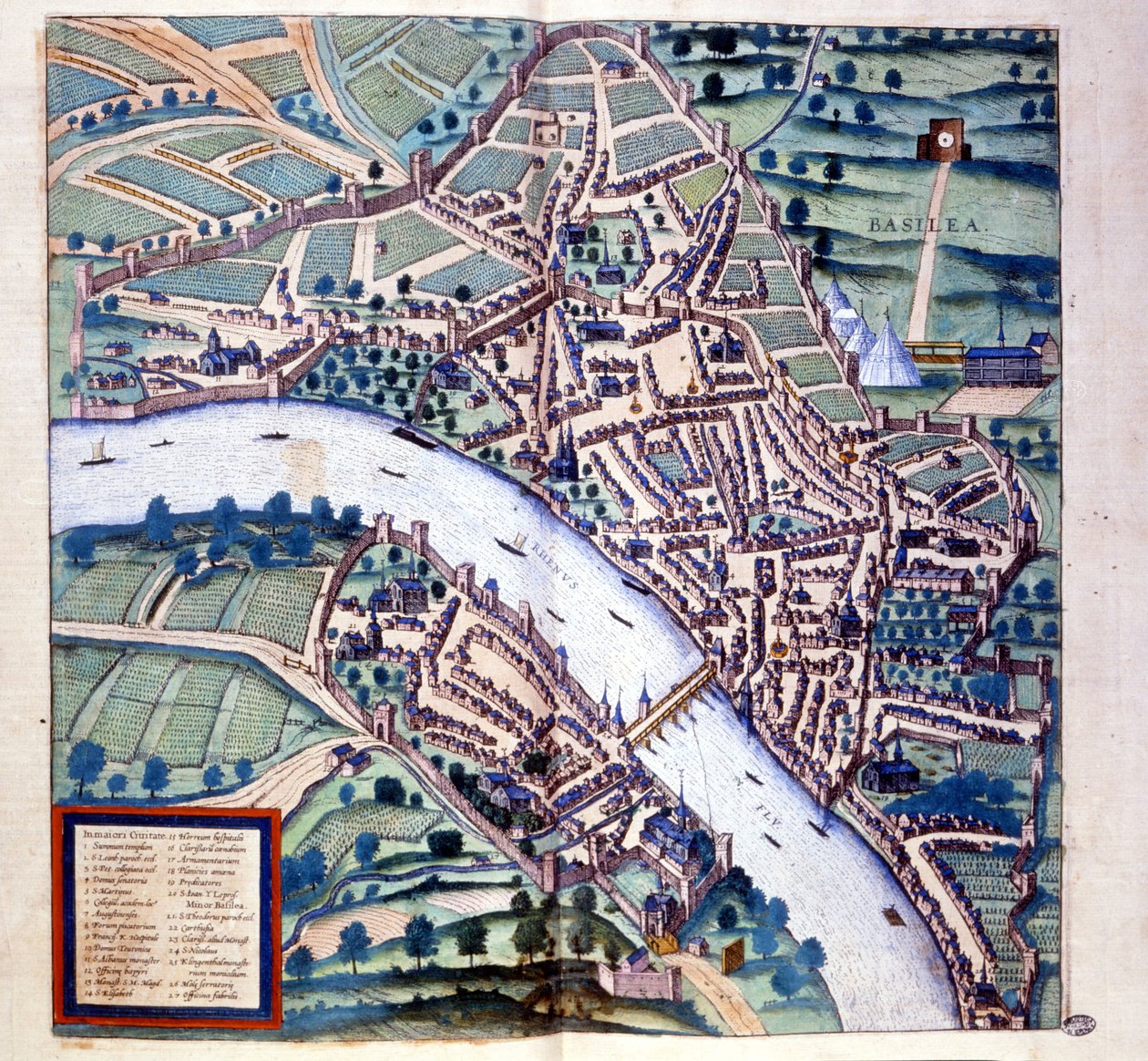 Basel (Schweiz), fugleperspektiv - i ""Atlas"" af Braun & Hogenberg af Georg Braun and Hogenberg Franz