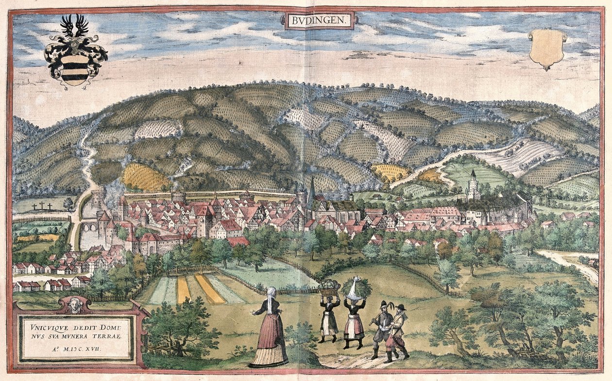 Budingen (Hessen), Tyskland (gravering af Georg Braun and Hogenberg Franz