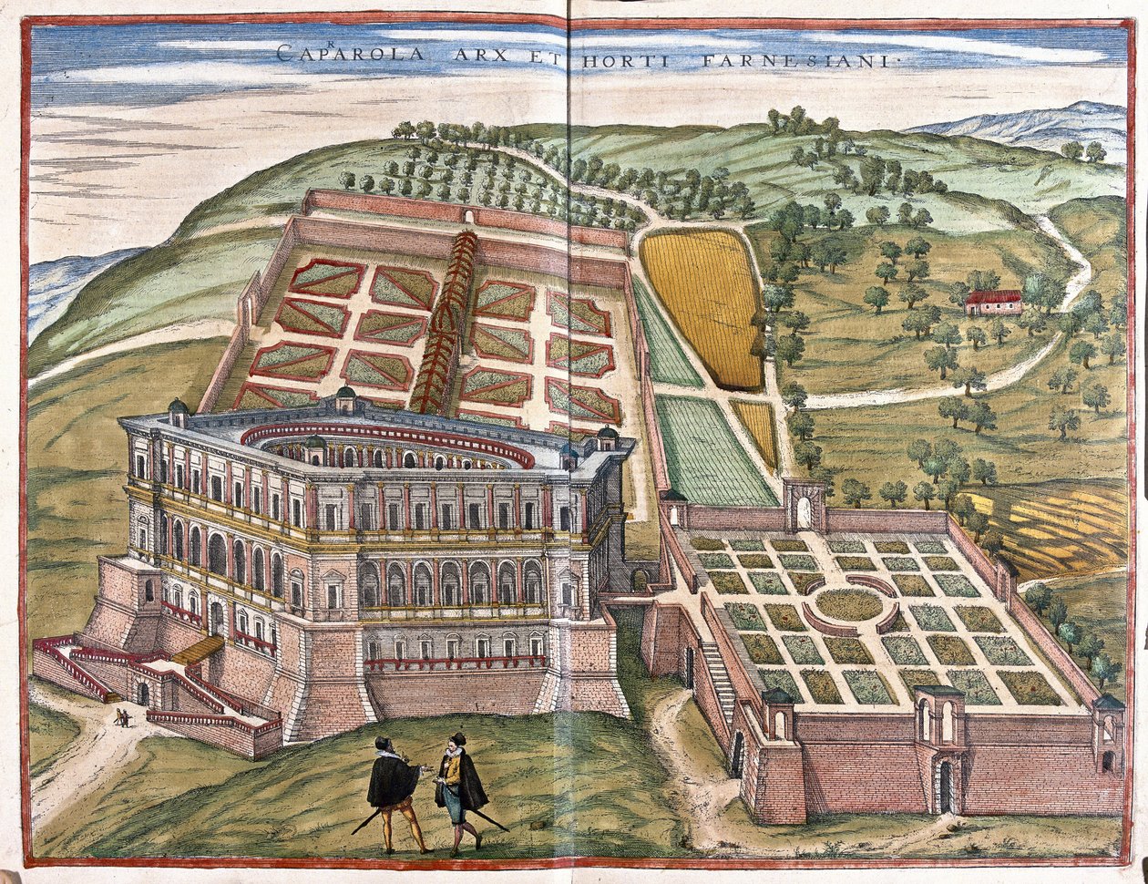 Caprarola-paladset og Farnese-haverne, Lazio, Italien (gravering af Georg Braun and Hogenberg Franz