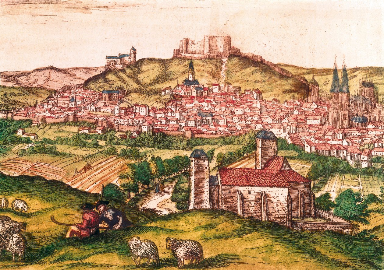 Byen Burgos i Spanien med hyrder og fåreflok i forgrunden (1576). Gravering i Civitatis Orbis Terrarum, af Georg Braun and Hogenberg Franz