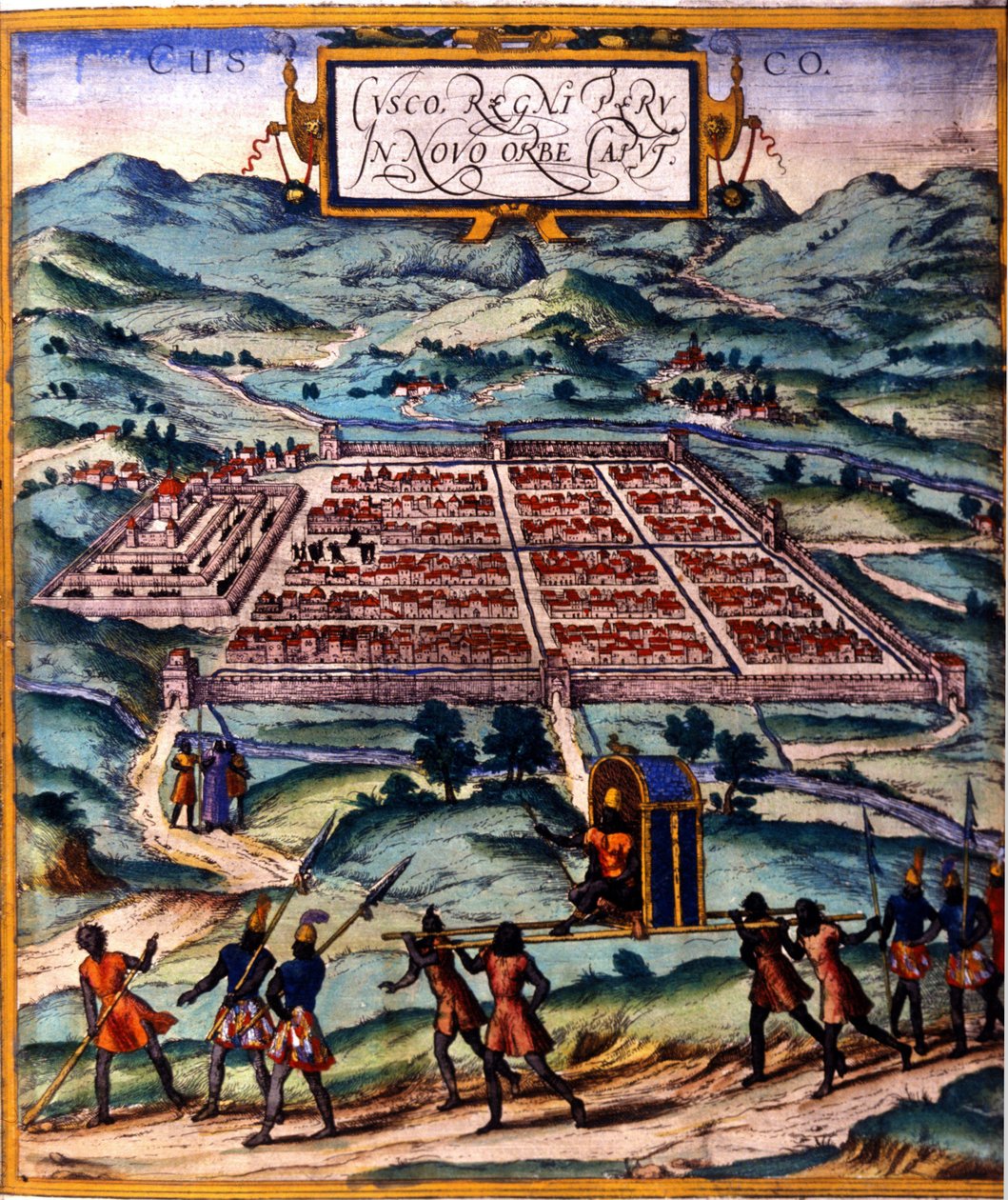Cuzco, inkacivilisationens hovedcenter. Atlas de Braun & Hogenberg af Georg Braun and Hogenberg Franz