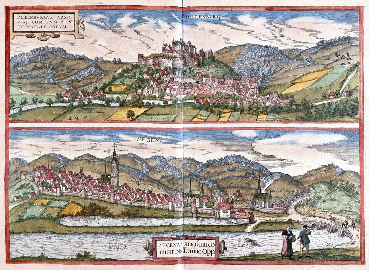 Dillenburg (Hessen) og Siegen (Nordrhenania-Westfalen), Tyskland (gravering af Georg Braun and Hogenberg Franz