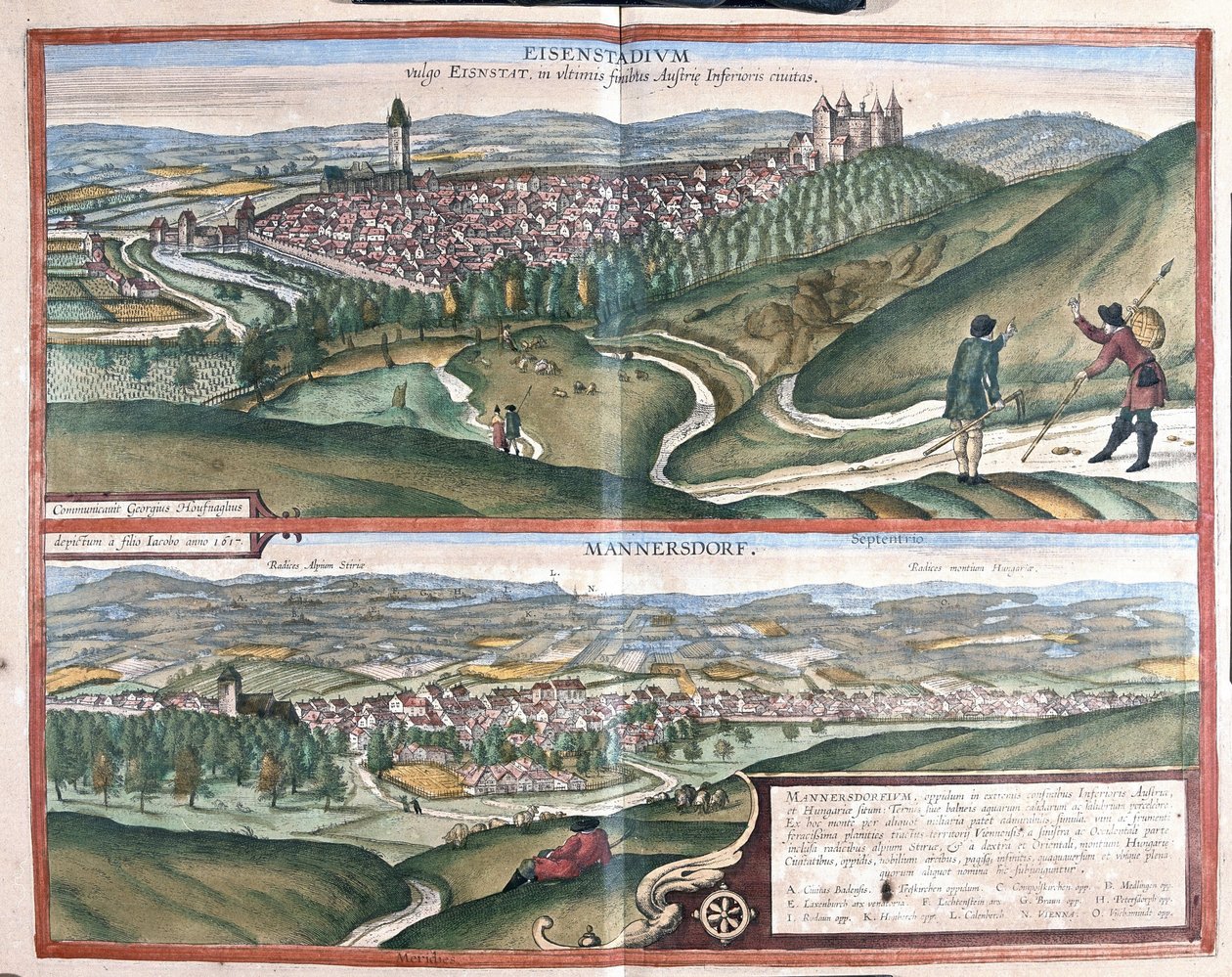 Eisenstadt og Mannersdorf am Leithagebirge, Østrig (gravering af Georg Braun and Hogenberg Franz