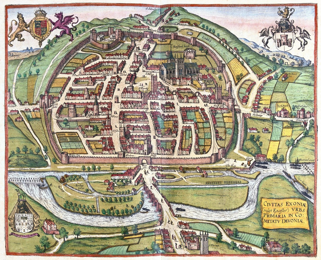Exeter, England af Georg Braun and Hogenberg Franz