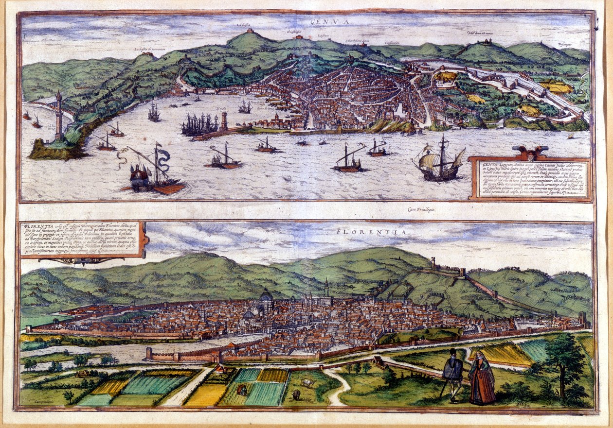 Gener (øverst) og Firenze (nederst) Fuglebillede af Atlas of Braun & Hogenberg. 1550. af Georg Braun and Hogenberg Franz