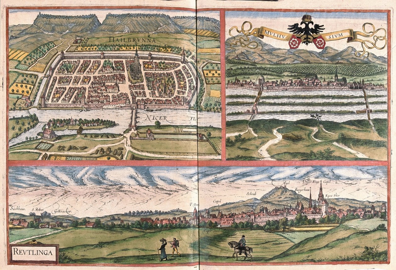 Heilbronn (Tyskland), Mulhouse (Frankrig) og Reutlingen (Tyskland) (gravering af Georg Braun and Hogenberg Franz