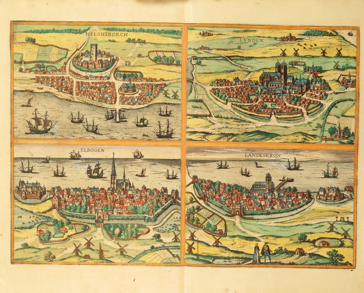 Helsingborg, Lund, Malmø, Elbogen og Landskrona, fra Verdensbyerne, Köln af Georg Braun and Hogenberg Franz