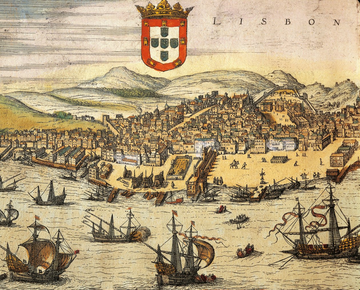 Kort over byen Lissabon, fra Civitates Orbis Terrarum af Georg Braun og Franz Hogenberg, gravering af Georg Braun and Hogenberg Franz