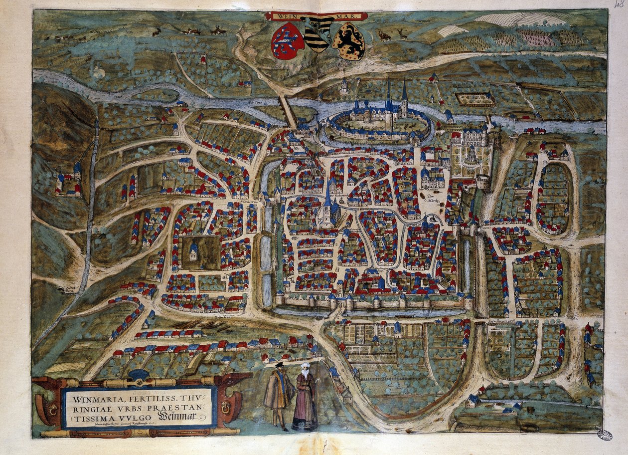 Kort over den tyske by Weimar. Indgravering fra Atlas over "Braun og Hogenberg" 1572 af Georg Braun and Hogenberg Franz