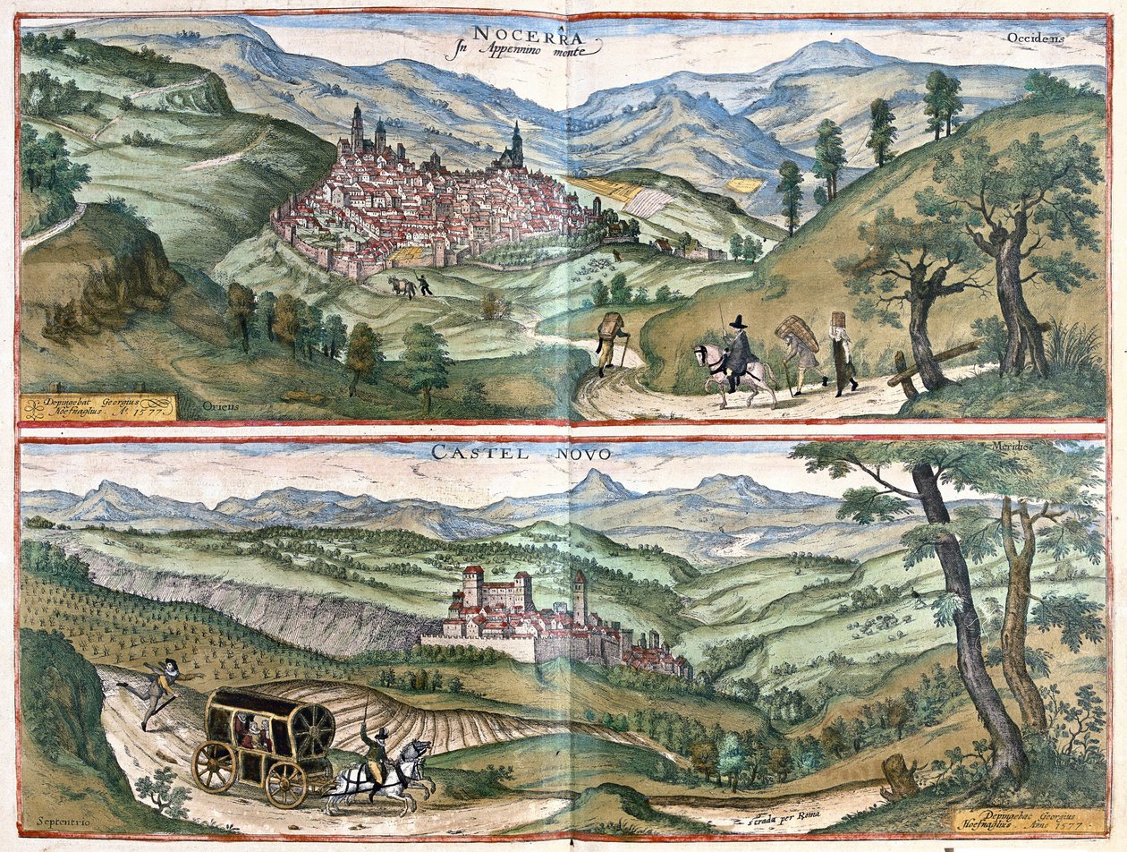 Nocera Umbra (Perugia-provinsen) og Castelnuovo di Porto (regionen i Rom), Italien af Georg Braun and Hogenberg Franz